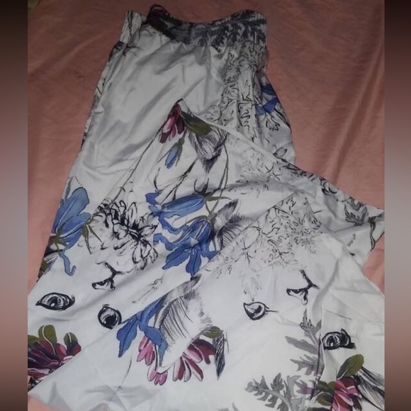 Boho Floral Print Tropical Cat Print High Waist Wide Leg Palazzo Pants White - Picture 5 of 5